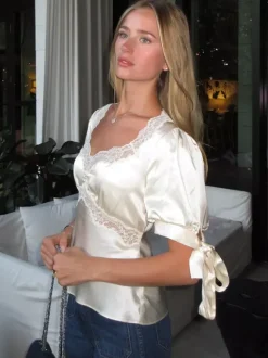 Lace Trim V Neck Puff Short Sleeve Satin Blouse Back Tie Waist Slim Fit Elegant Women Shirt
