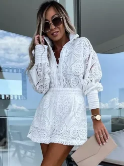 Lace Two Piece Co-ord Set Long Sleeve Shirt And Shorts 2026