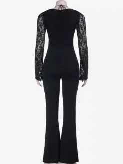 Lace Up Flare Jumpsuit For Women - Black Gothic Floral Lace Long Sleeve Bodycon Romper - Spring Party Clubwear 2026