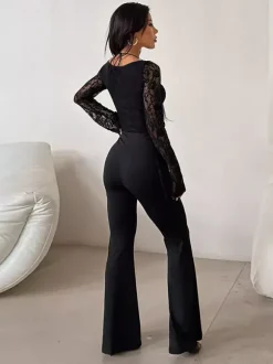 Lace Up Flare Jumpsuit For Women - Black Gothic Floral Lace Long Sleeve Bodycon Romper - Spring Party Clubwear 2026