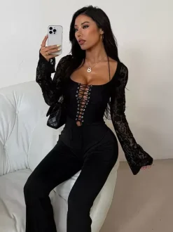 Lace Up Flare Jumpsuit For Women - Black Gothic Floral Lace Long Sleeve Bodycon Romper - Spring Party Clubwear 2026