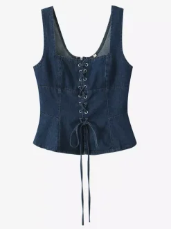 Lace-Up Front Denim Corset Top For Women 2026