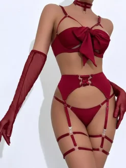 Lace Up Lingerie Burgundy 5-Piece Bra Panty Sets