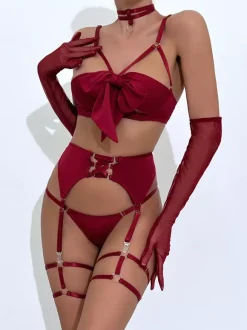Lace Up Lingerie Burgundy 5-Piece Bra Panty Sets
