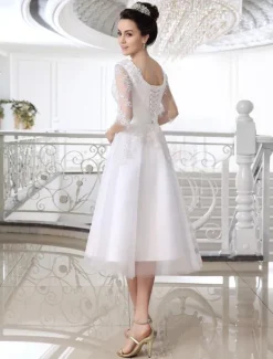 Lace Wedding Dress Illusion Half Sleeve Tea Length Bridal Dress Free Customization