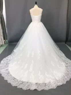 Lace wedding dress square neckline with straps lace-up back long train