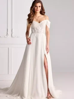 Lace Wedding Dress Sweetheart Neck Short Sleeves With Train Chiffon Bridal Dresses