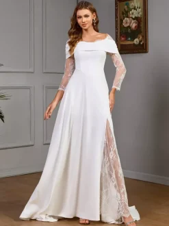 Lace Wedding Dress With Train Ball Gown Long Sleeves Satin Fabric Designed Neckline Bridal Gowns