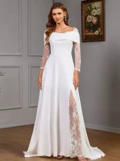 Lace Wedding Dress With Train Ball Gown Long Sleeves Satin Fabric Designed Neckline Bridal Gowns