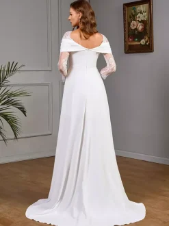 Lace Wedding Dress With Train Ball Gown Long Sleeves Satin Fabric Designed Neckline Bridal Gowns
