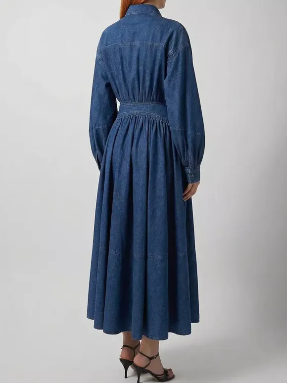 Lantern Sleeve Denim Maxi Dress For Women - Light Wash Western Style Cross-Wrap Waist Shirt Dress- Spring Daily Casual 2026
