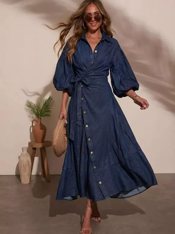 Lantern Sleeve Denim Maxi Dress For Women - Light Wash Western Style Cross-Wrap Waist Shirt Dress- Spring Daily Casual 2026