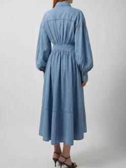Lantern Sleeve Denim Maxi Dress For Women - Light Wash Western Style Cross-Wrap Waist Shirt Dress- Spring Daily Casual 2026