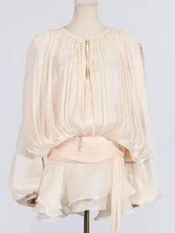 Lantern Sleeve Mini Dress For Women - Pleated Tie Waist Fit Flare - Spring Party Cocktail Outfit 2026