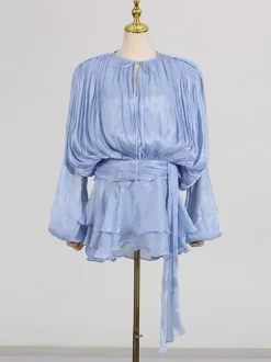Lantern Sleeve Mini Dress For Women - Pleated Tie Waist Fit Flare - Spring Party Cocktail Outfit 2026