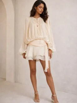 Lantern Sleeve Mini Dress For Women - Pleated Tie Waist Fit Flare - Spring Party Cocktail Outfit 2026
