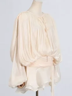 Lantern Sleeve Mini Dress For Women - Pleated Tie Waist Fit Flare - Spring Party Cocktail Outfit 2026
