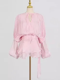 Lantern Sleeve Mini Dress For Women - Pleated Tie Waist Fit Flare - Spring Party Cocktail Outfit 2026