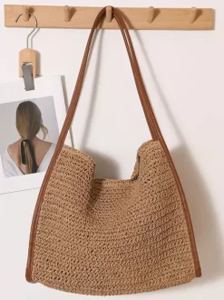 Large Capacity Straw Tote Bag Magnetic Snap Summer Beach Woven Shoulder Bag Casual Vacation Handbag