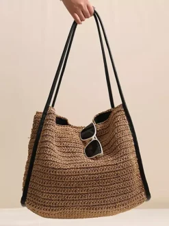 Large Capacity Straw Tote Bag Magnetic Snap Summer Beach Woven Shoulder Bag Casual Vacation Handbag