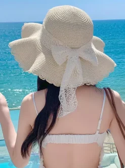 Large Brim Straw Hat With Lace Bow Knot Summer Breathable Sun Protection Beach Hat 2026