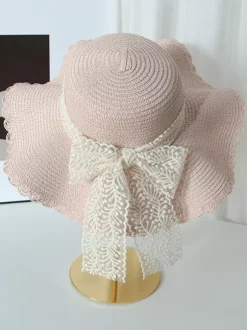 Large Brim Straw Hat With Lace Bow Knot Summer Breathable Sun Protection Beach Hat 2026