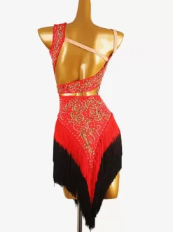 Latin Dance Costume Black Women's Lycra Spandex Dress Backless Sexy Fringe Rhinestones Latin Dancer Dancing Costume