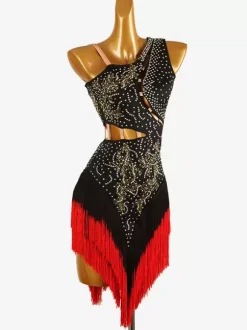 Latin Dance Costume Black Women's Lycra Spandex Dress Backless Sexy Fringe Rhinestones Latin Dancer Dancing Costume