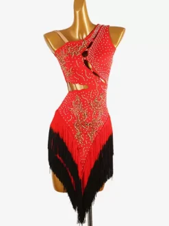 Latin Dance Costume Black Women's Lycra Spandex Dress Backless Sexy Fringe Rhinestones Latin Dancer Dancing Costume