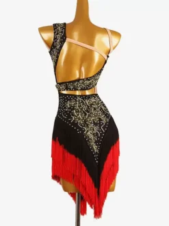 Latin Dance Costume Black Women's Lycra Spandex Dress Backless Sexy Fringe Rhinestones Latin Dancer Dancing Costume
