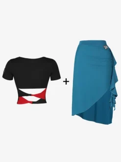 Latin Dance Costume Black Women's Asymmetrical Set Elegant Polyester Skirt Top Dancing Costume