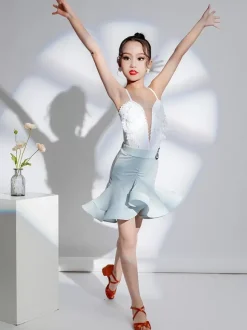Latin Dance Costume White Girl's Polyester Top Skirt Latin Dancer Dancing Costume