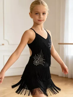 Latin Dance Dress Black Girl's Fringe Backless Cross Straps Elegant Polyester Dress Dancing Wear