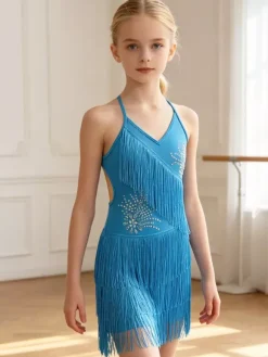 Latin Dance Dress Black Girl's Fringe Backless Cross Straps Elegant Polyester Dress Dancing Wear