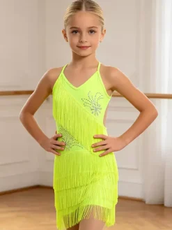 Latin Dance Dress Black Girl's Fringe Backless Cross Straps Elegant Polyester Dress Dancing Wear