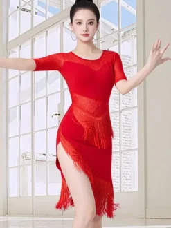 Latin Dance Dress Black Women's Fringe Mesh Sexy Short Sleeves Polyester Dance Dress