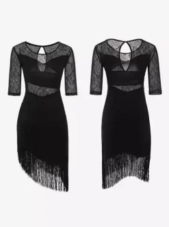 Latin Dance Dress Black Women's Fringe Mesh Sexy Short Sleeves Polyester Dance Dress