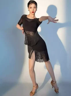 Latin Dance Dress Black Women's Fringe Mesh Sexy Short Sleeves Polyester Dance Dress