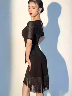 Latin Dance Dress Black Women's Fringe Mesh Sexy Short Sleeves Polyester Dance Dress
