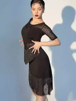 Latin Dance Dress Black Women's Fringe Mesh Sexy Short Sleeves Polyester Dance Dress