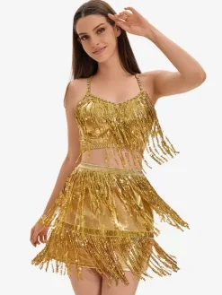 Latin Dance Gold Sequins Fringe Set Sexy Skirt Top Dancing Costume
