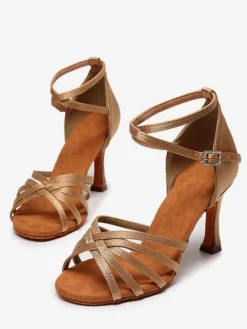 Latin Dance Shoes Satin Coffee Brown Peep Toe Stiletto Heel Satin Dance Latin Shoes