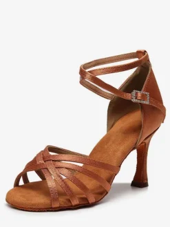 Latin Dance Shoes Satin Coffee Brown Peep Toe Stiletto Heel Satin Dance Latin Shoes