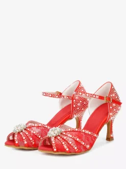 Latin Dance Shoes Satin Open Toe Pearls Buckle Detail Ballroom Shoes