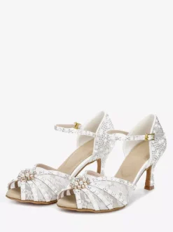 Latin Dance Shoes Satin Open Toe Pearls Buckle Detail Ballroom Shoes