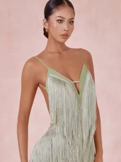 Latin Dance Costume Avocado Green Women's Fringe Dress Sexy Polyester Dress Dancing Wear