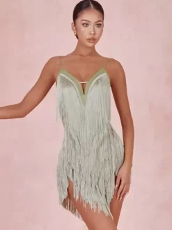 Latin Dance Costume Avocado Green Women's Fringe Dress Sexy Polyester Dress Dancing Wear
