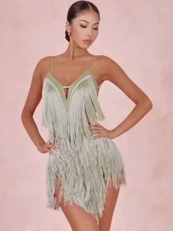 Latin Dance Costume Avocado Green Women's Fringe Dress Sexy Polyester Dress Dancing Wear