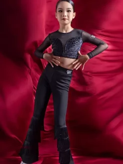 Latin Dance Costume Black Girl's Polyester Pants Top Latin Dancer Dancing Wear