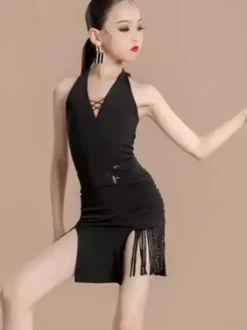 Latin Dance Costume Black Girl's Lycra Spandex Skirt Top Dancing Costume